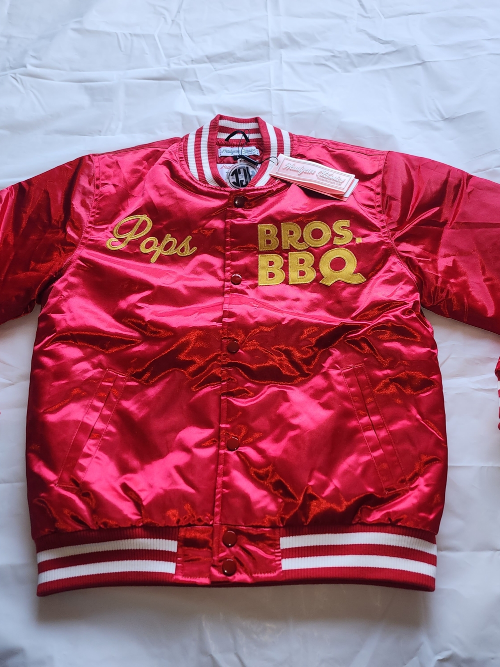 Nostalgia Red Satin Varsity-Style Puffa Jacket with Gold Lettering
